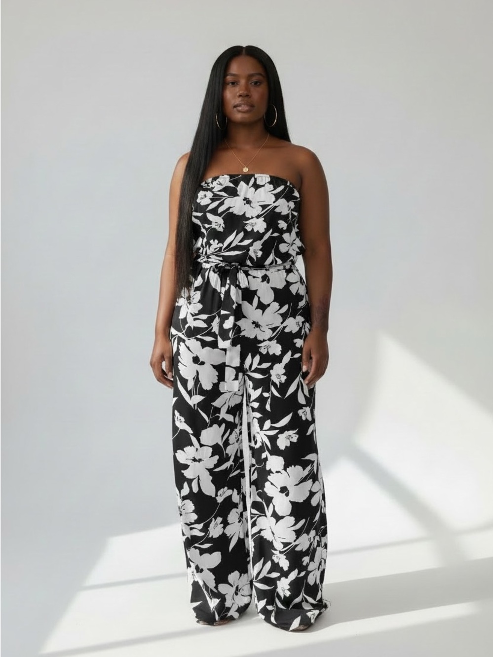 Strapless Black & White Floral Wide-Leg Jumpsuit